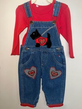 VTG 1990's Kids Denim Overalls Scottie Dog Heart Detail Old Store Stock
